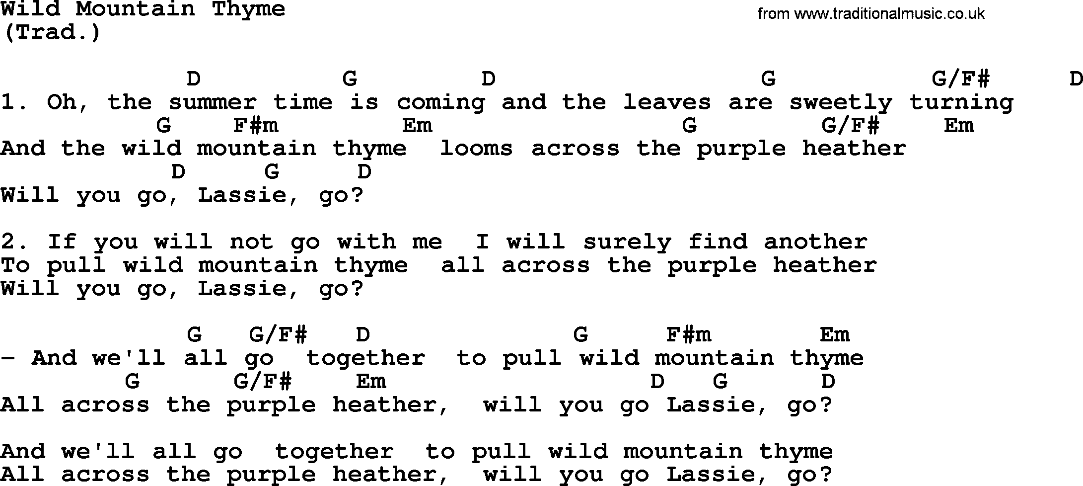 The Byrds song Wild Mountain Thyme, lyrics and chords