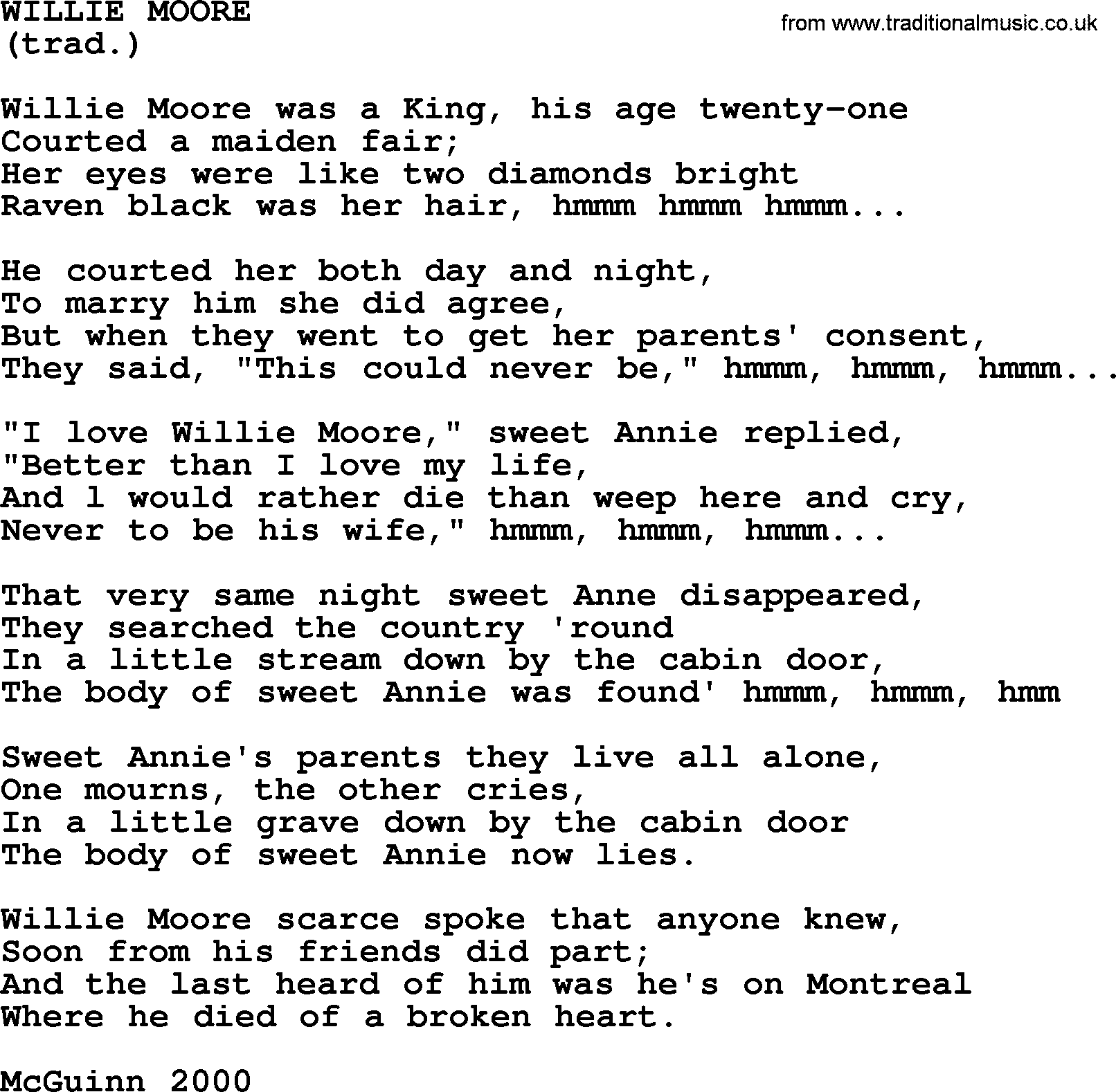 The Byrds song Willie Moore, lyrics