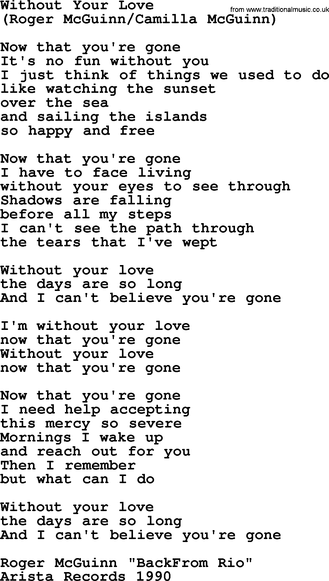 Without Your Love, by The Byrds - lyrics with pdf