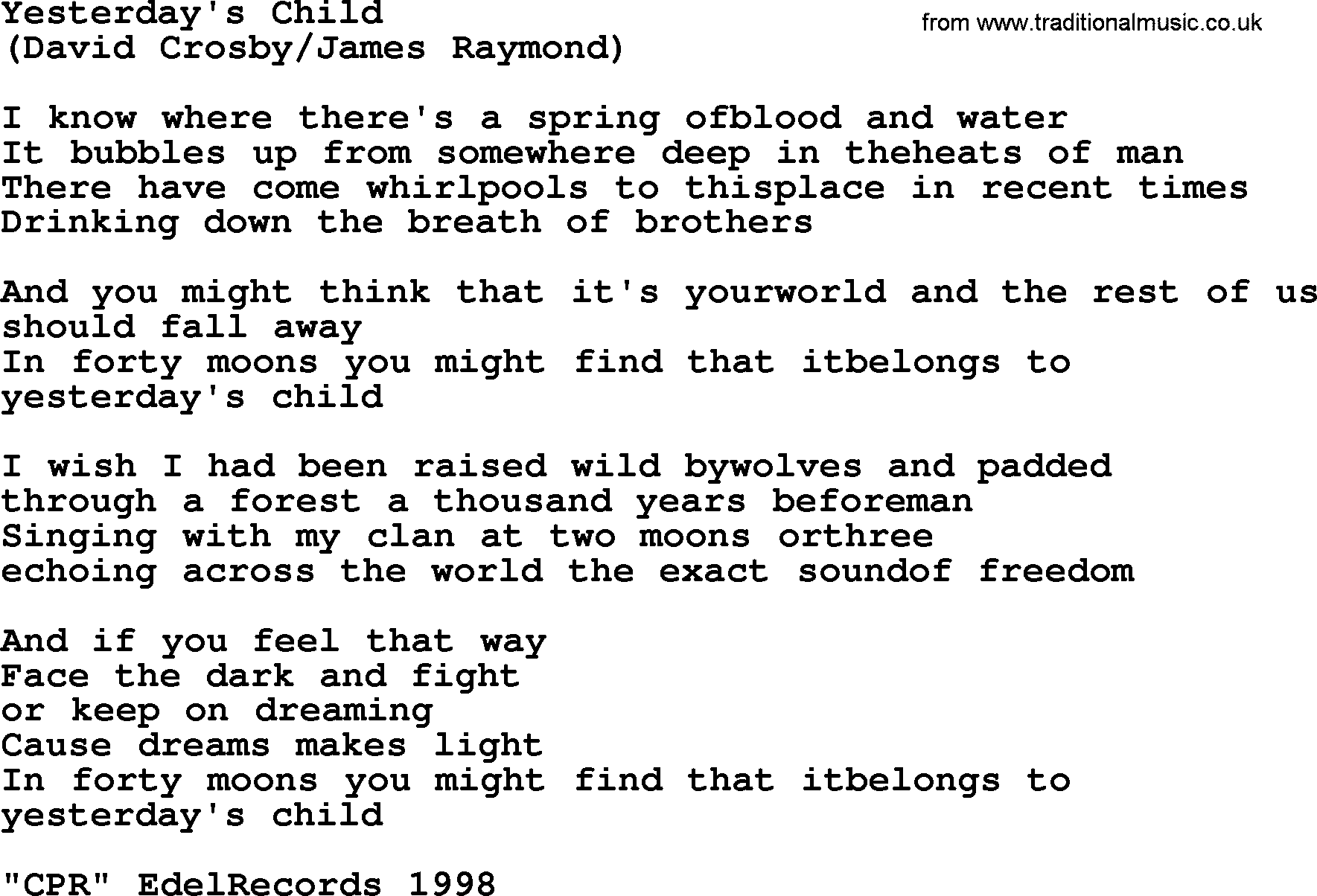 The Byrds song Yesterday's Child, lyrics
