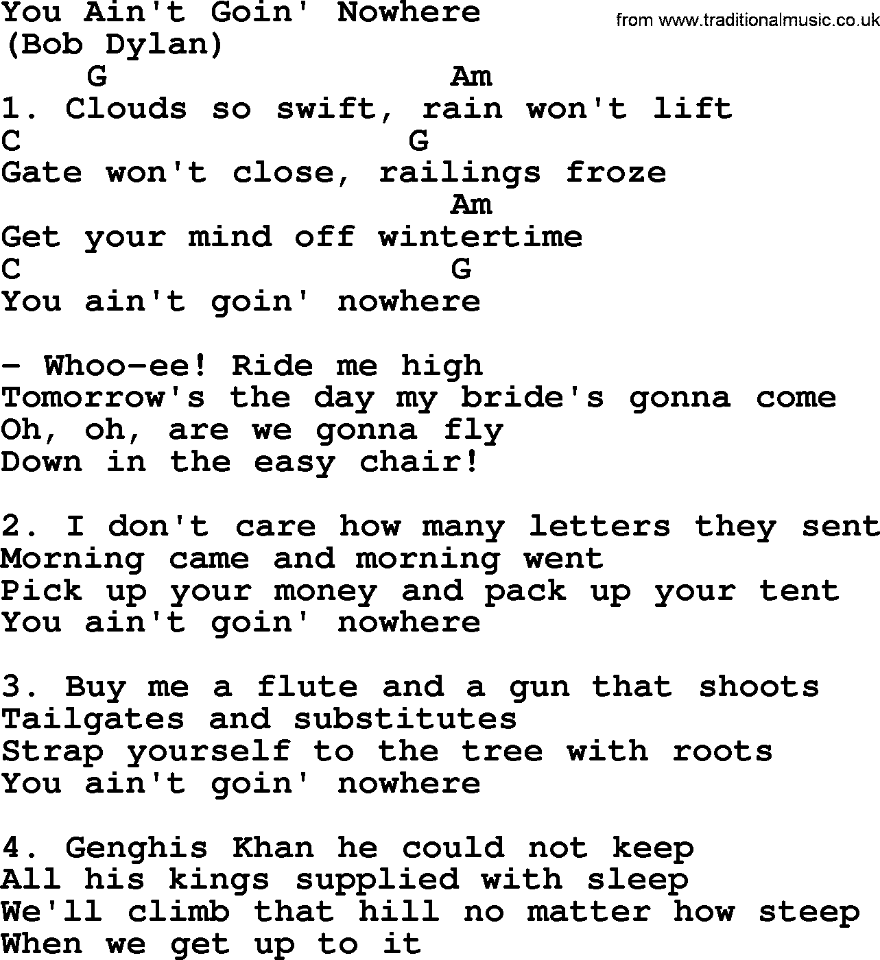 The Byrds song You Ain't Goin' Nowhere, lyrics and chords