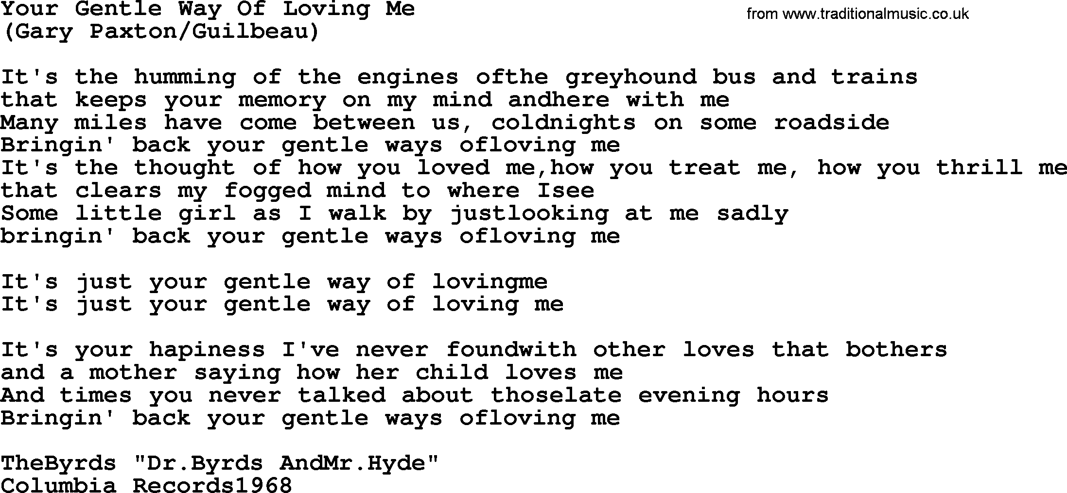 The Byrds song Your Gentle Way Of Loving Me, lyrics