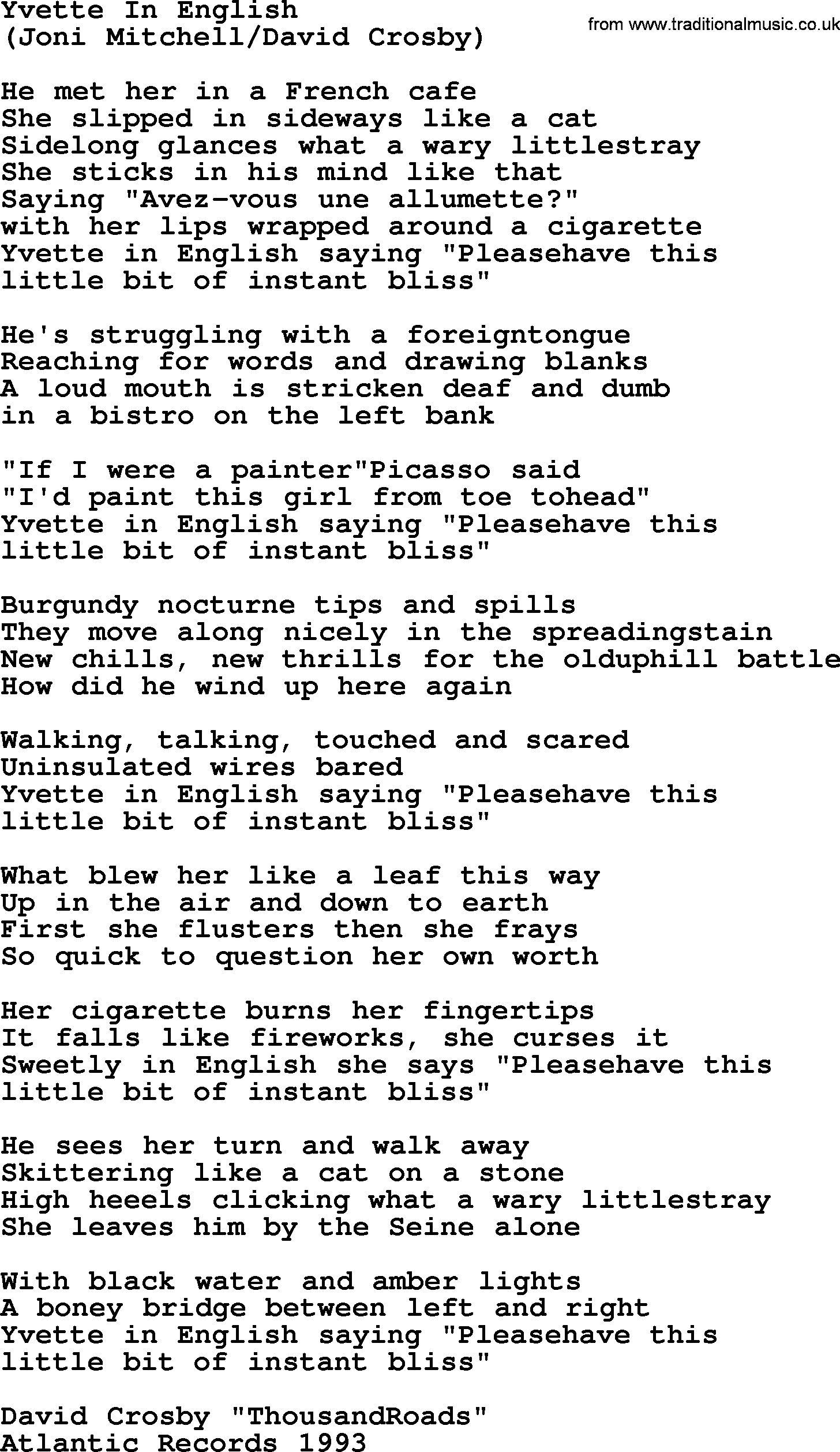 The Byrds song Yvette In English, lyrics