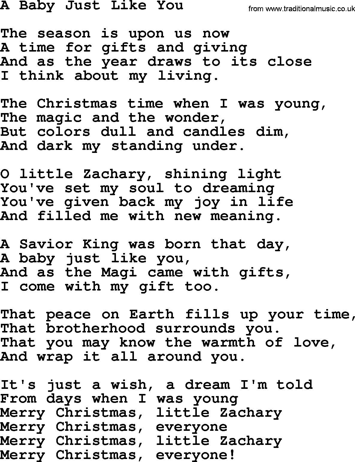 Catholic Hymn: A Baby Just Like You lyrics with PDF