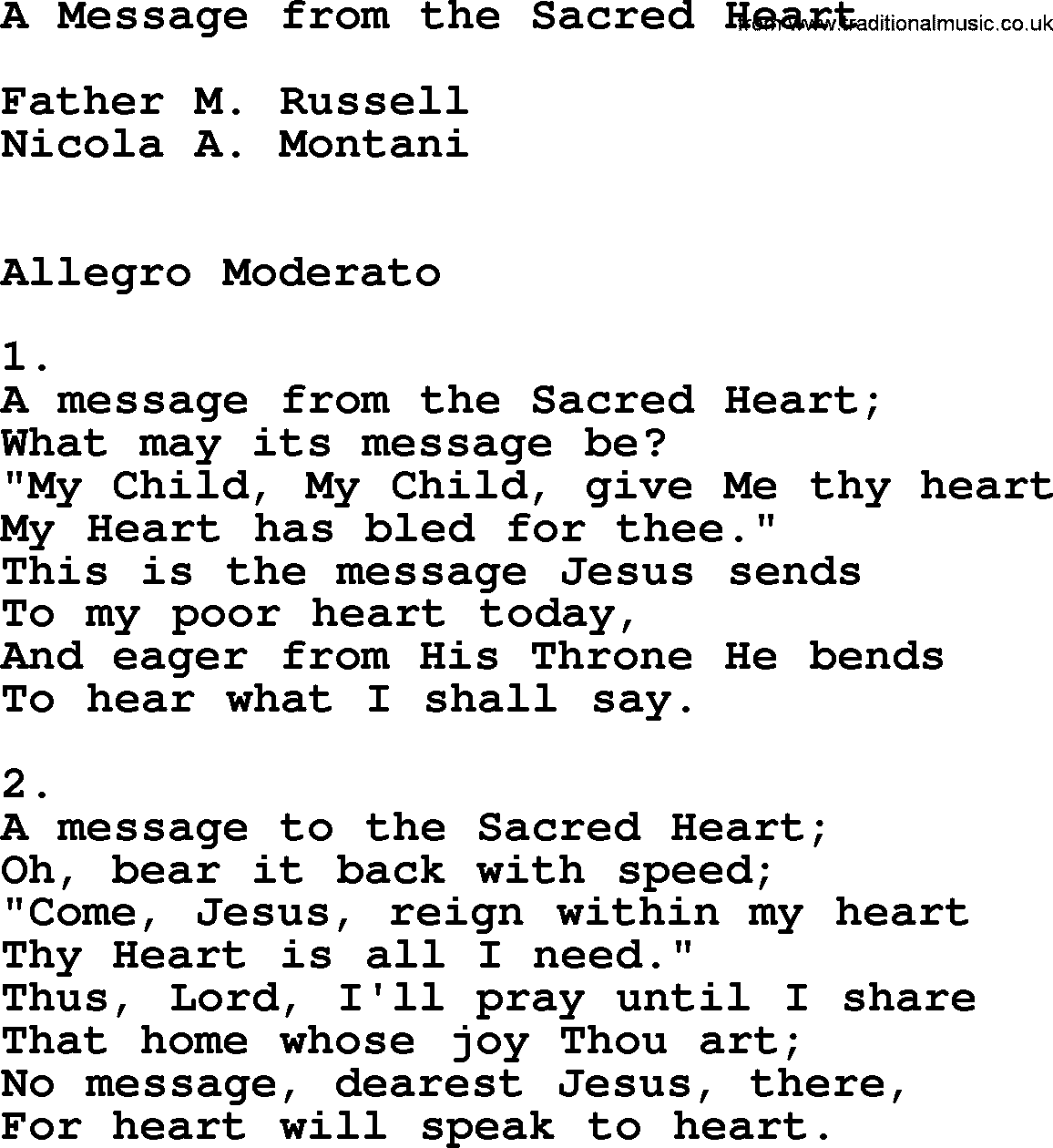 Catholic Hymn: A Message From The Sacred Heart lyrics with PDF