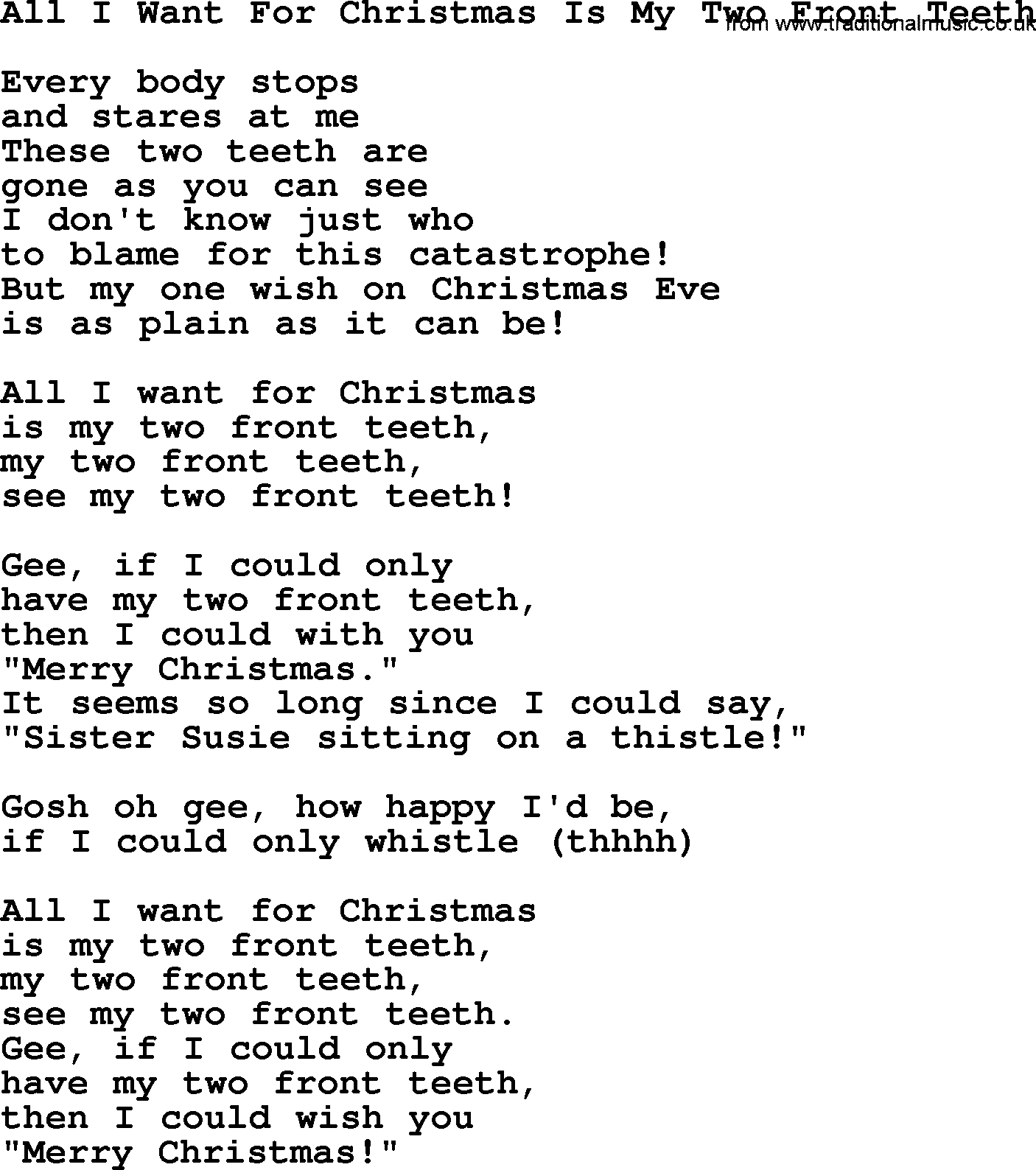 Catholic Hymn: All I Want For Christmas Is My Two Front Teeth lyrics with PDF