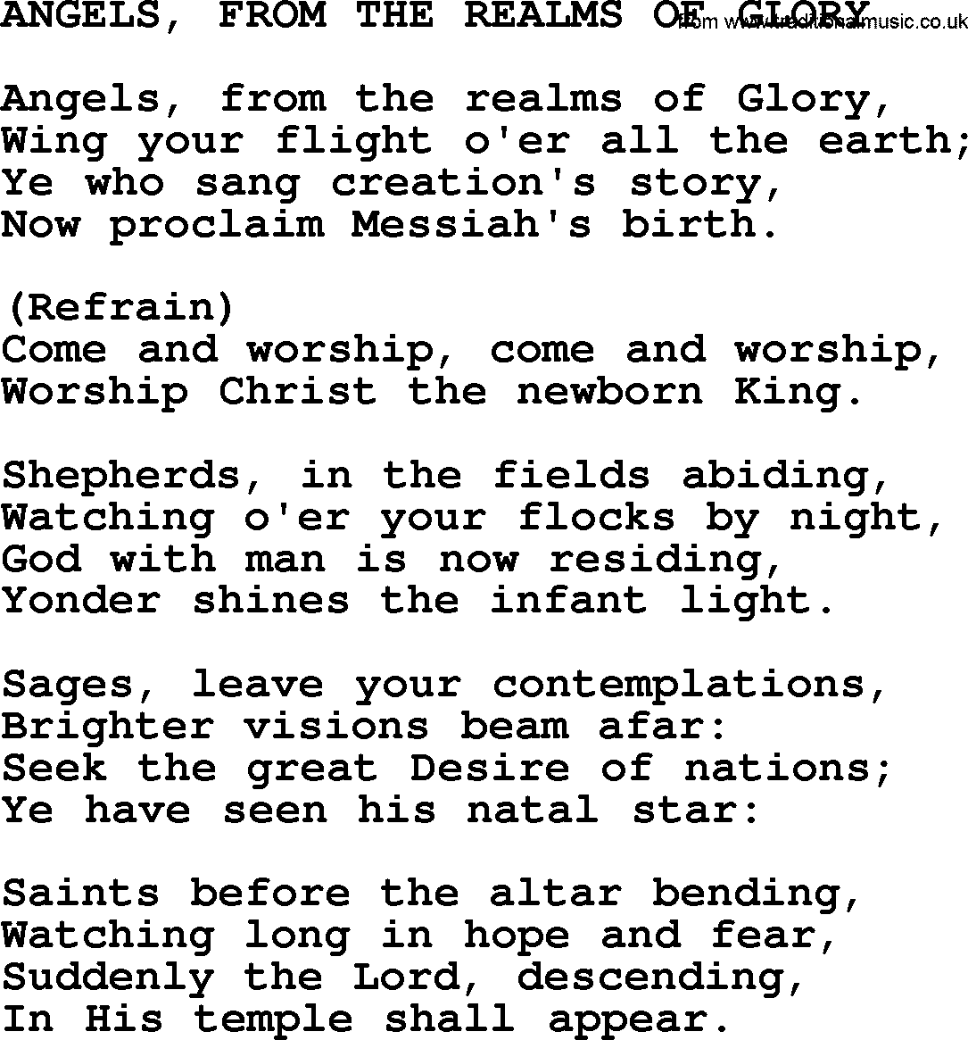 Catholic Hymn: Angels, From The Realms Of Glory lyrics with PDF
