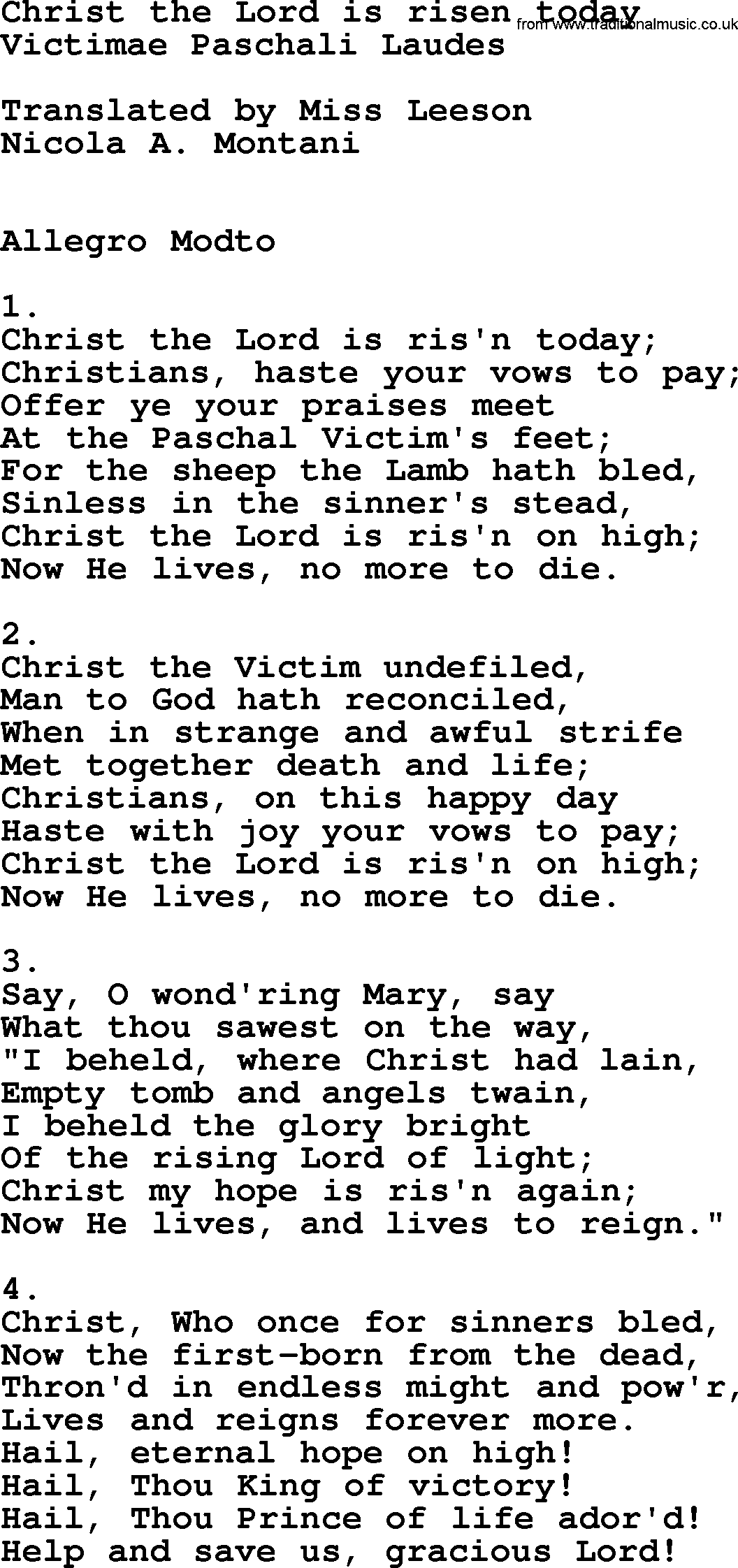Catholic Hymn: Christ The Lord Is Risen Today lyrics with PDF