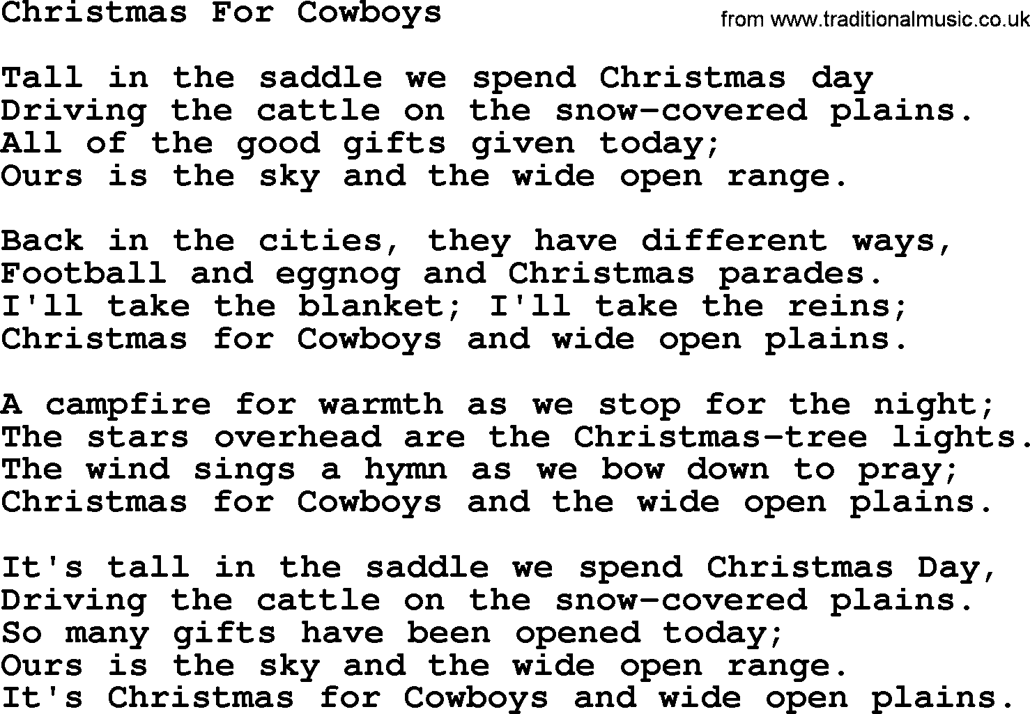 Catholic Hymn: Christmas For Cowboys lyrics with PDF