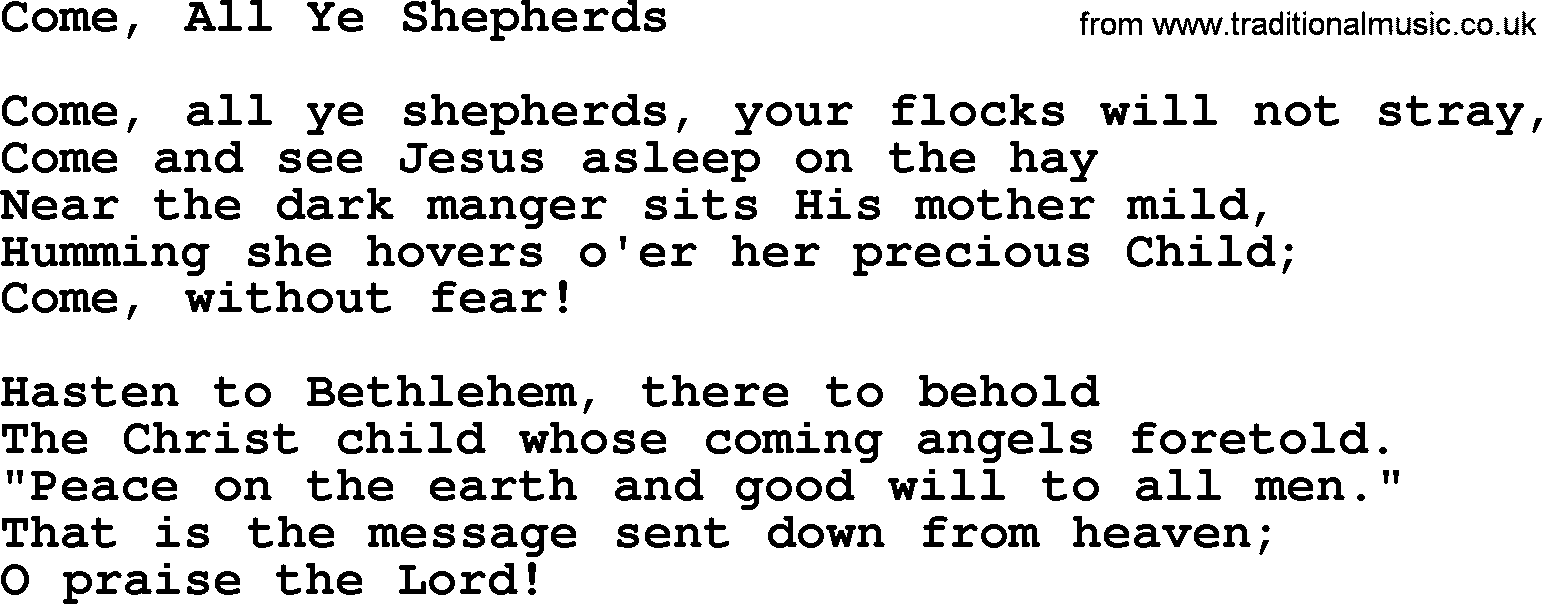 Catholic Hymn: Come, All Ye Shepherds lyrics with PDF