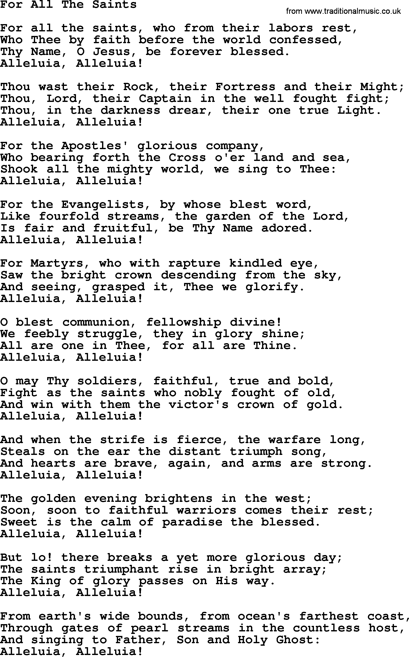 Catholic Hymn: For All The Saints lyrics with PDF