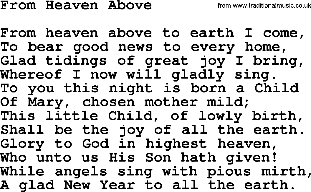 Catholic Hymn: From Heaven Above lyrics with PDF