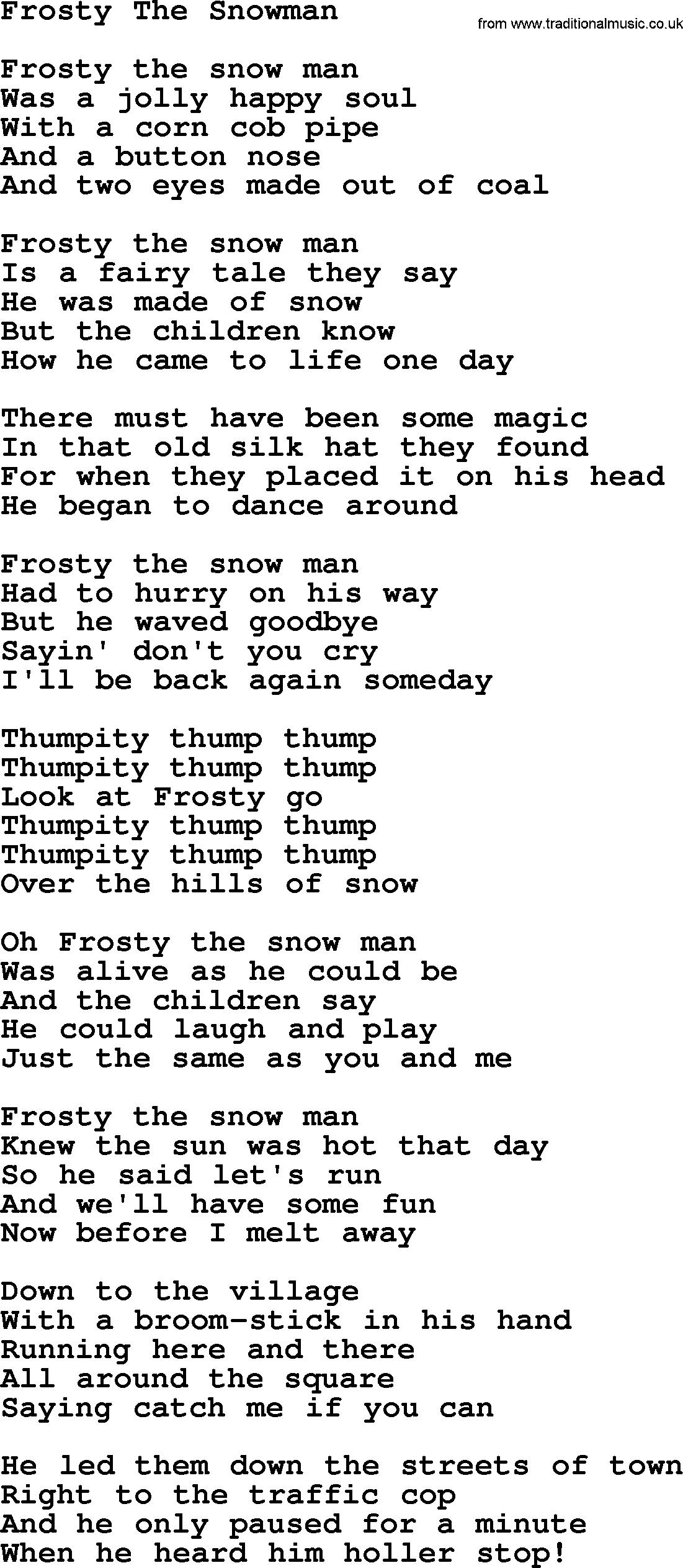 Catholic Hymns, Song Frosty The Snowman lyrics and PDF