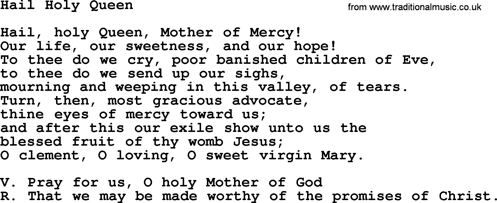 Catholic Hymn: Hail Holy Queen lyrics with PDF