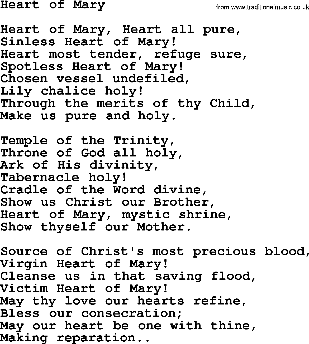 Catholic Hymn: Heart Of Mary lyrics with PDF