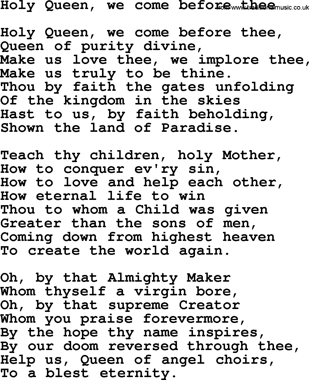 Catholic Hymn: Holy Queen, We Come Before Thee lyrics with PDF