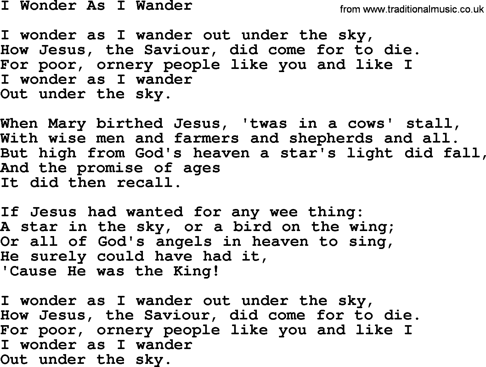 Catholic Hymn: I Wonder As I Wander lyrics with PDF