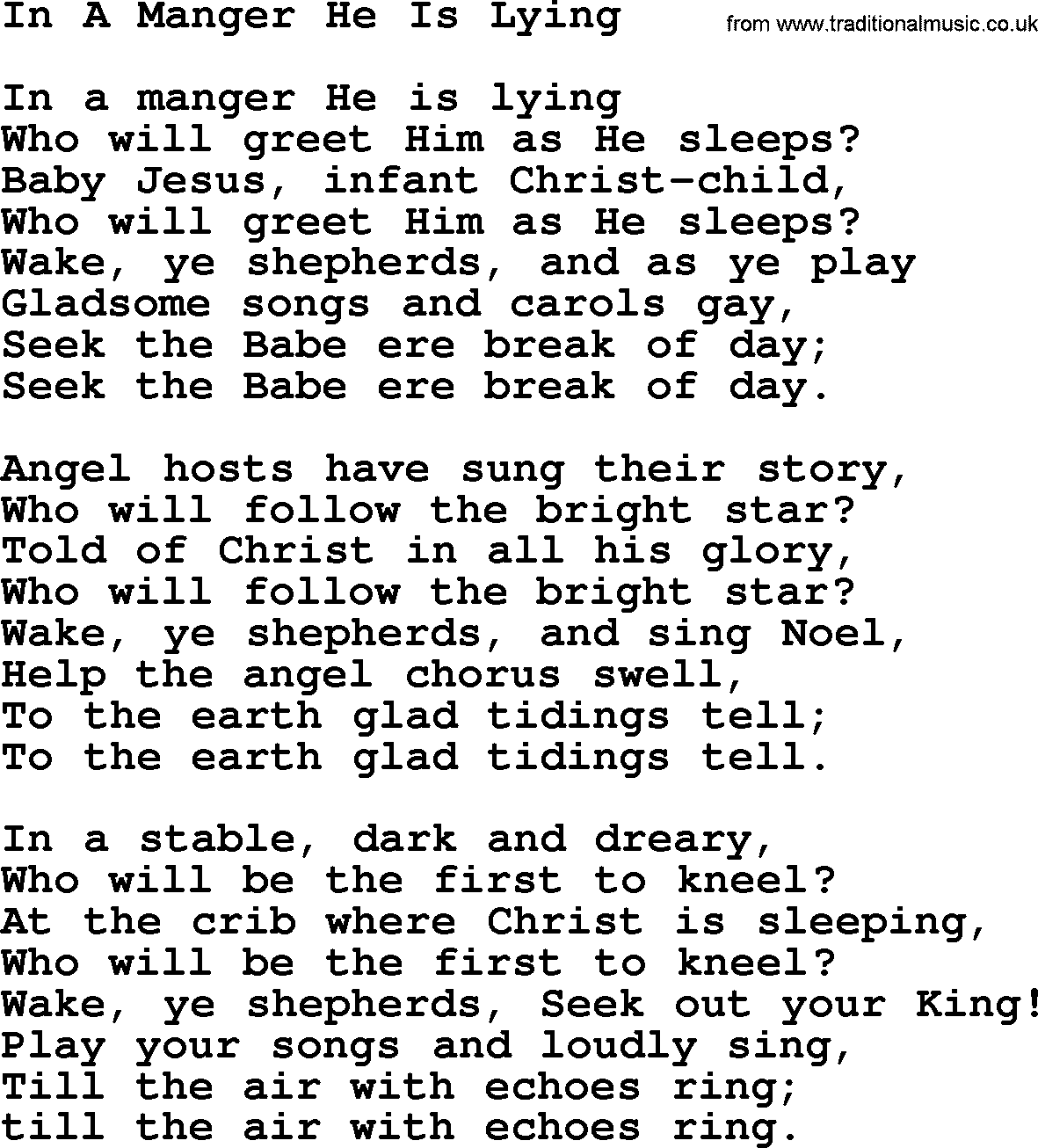Catholic Hymn: In A Manger He Is Lying lyrics with PDF