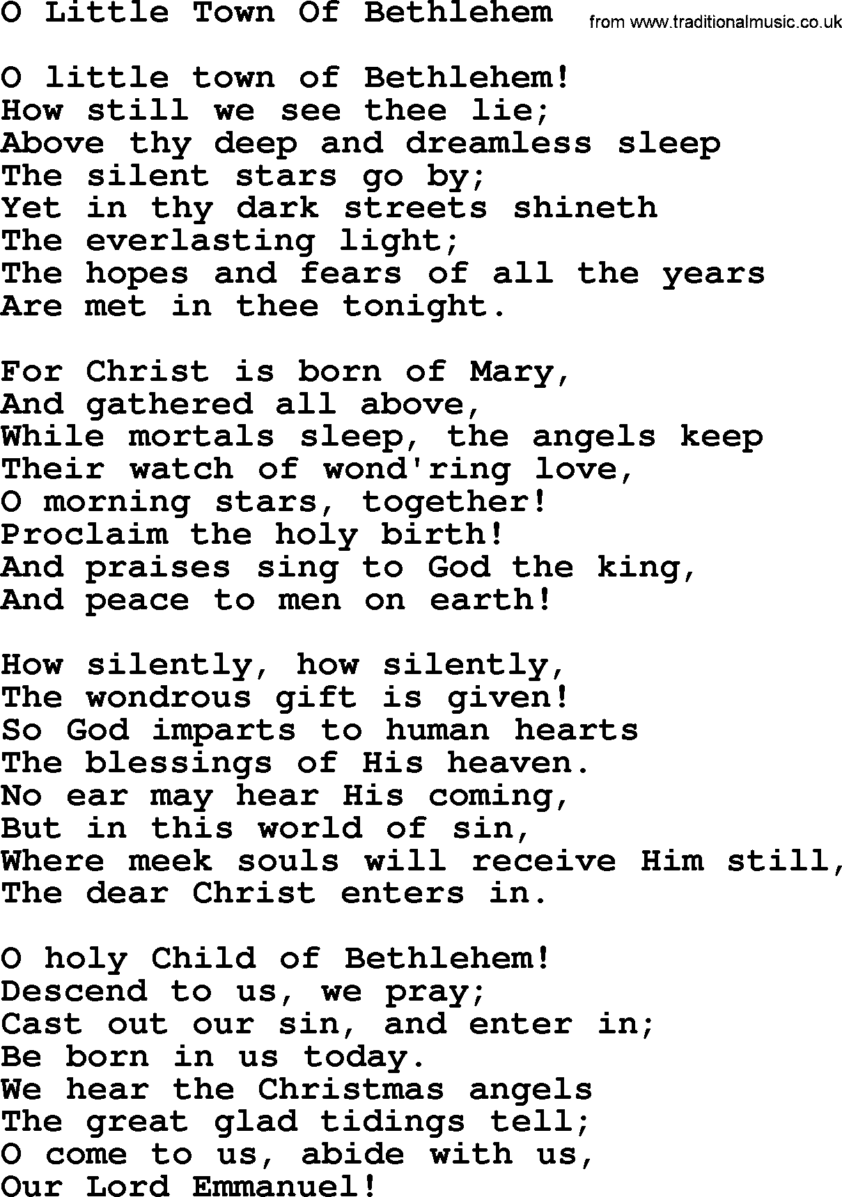 Catholic Hymn: O Little Town Of Bethlehem lyrics with PDF