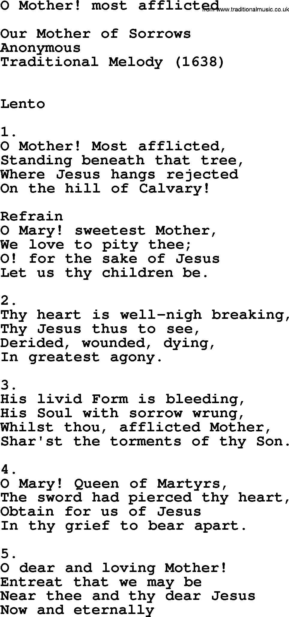 Catholic Hymn: O Mother! Most Afflicted lyrics with PDF