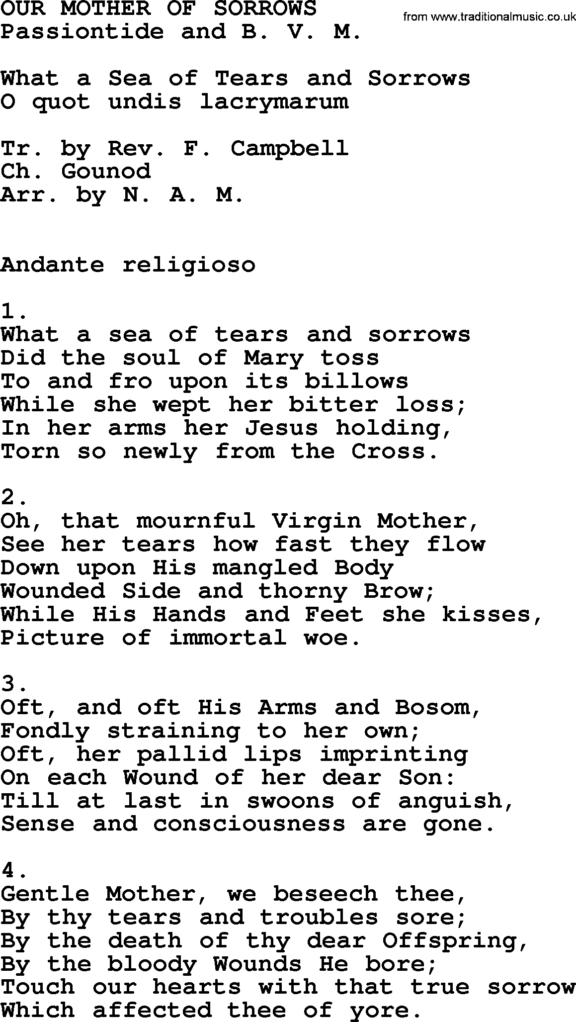 Catholic Hymn: Our Mother Of Sorrows lyrics with PDF