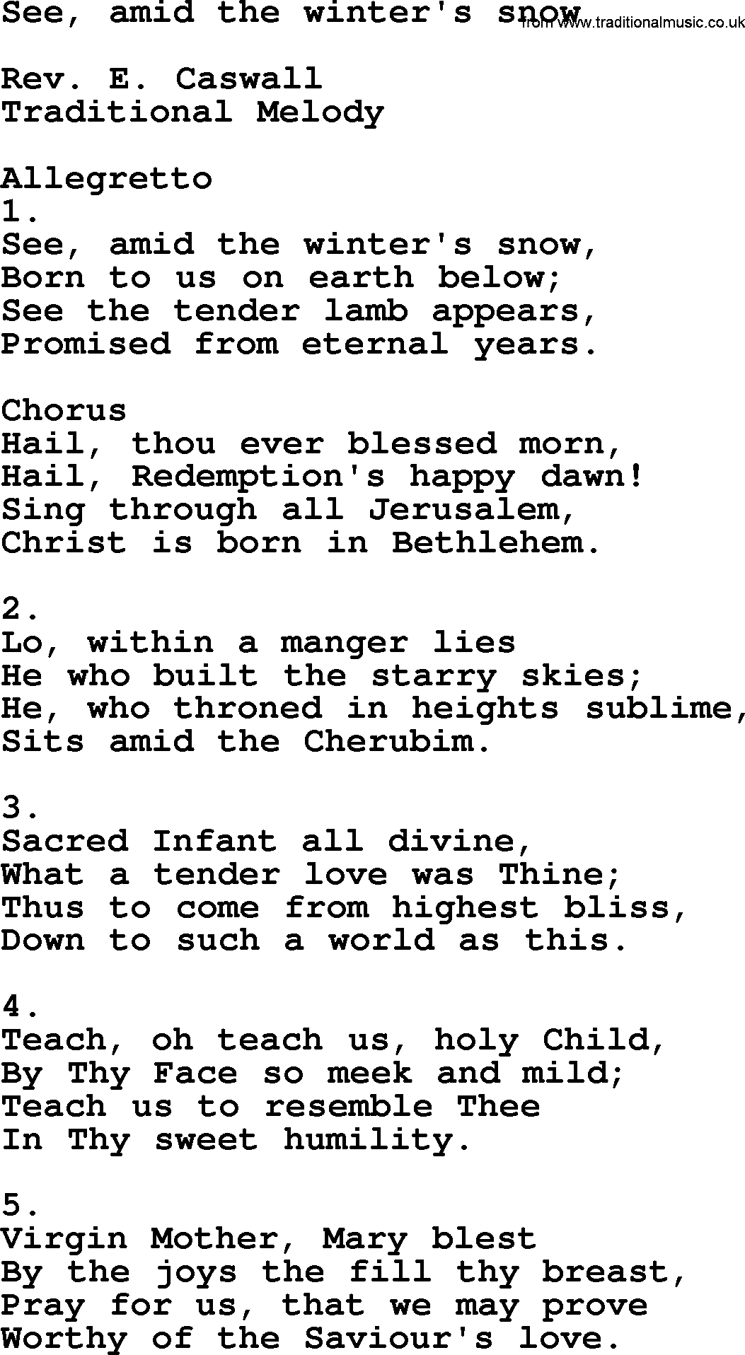 Catholic Hymn: See, Amid The Winter's Snow lyrics with PDF