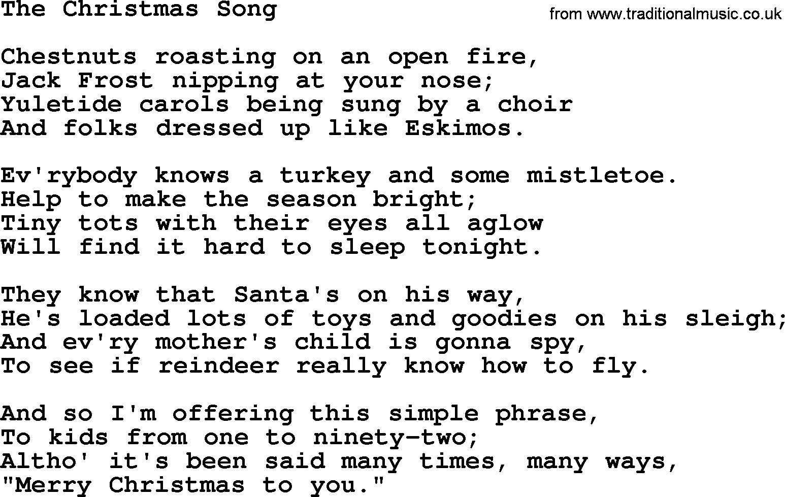 Catholic Hymn: The Christmas Song lyrics with PDF
