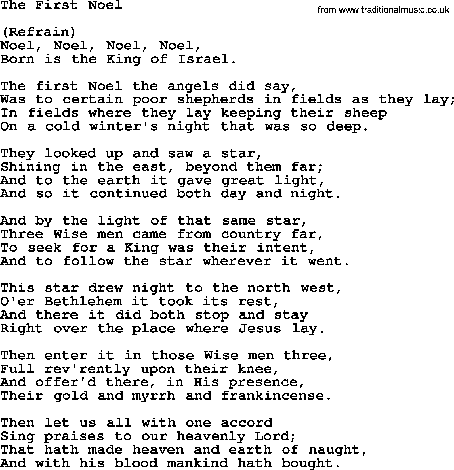 Catholic Hymn: The First Noel lyrics with PDF
