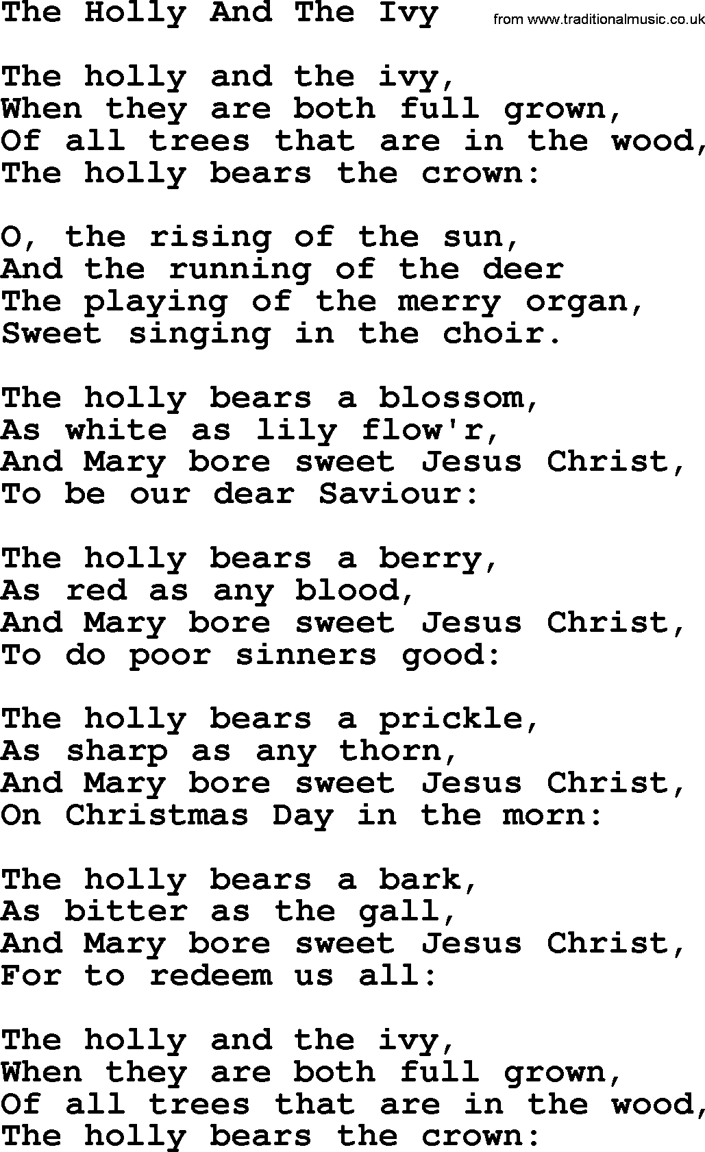 Catholic Hymn: The Holly And The Ivy lyrics with PDF