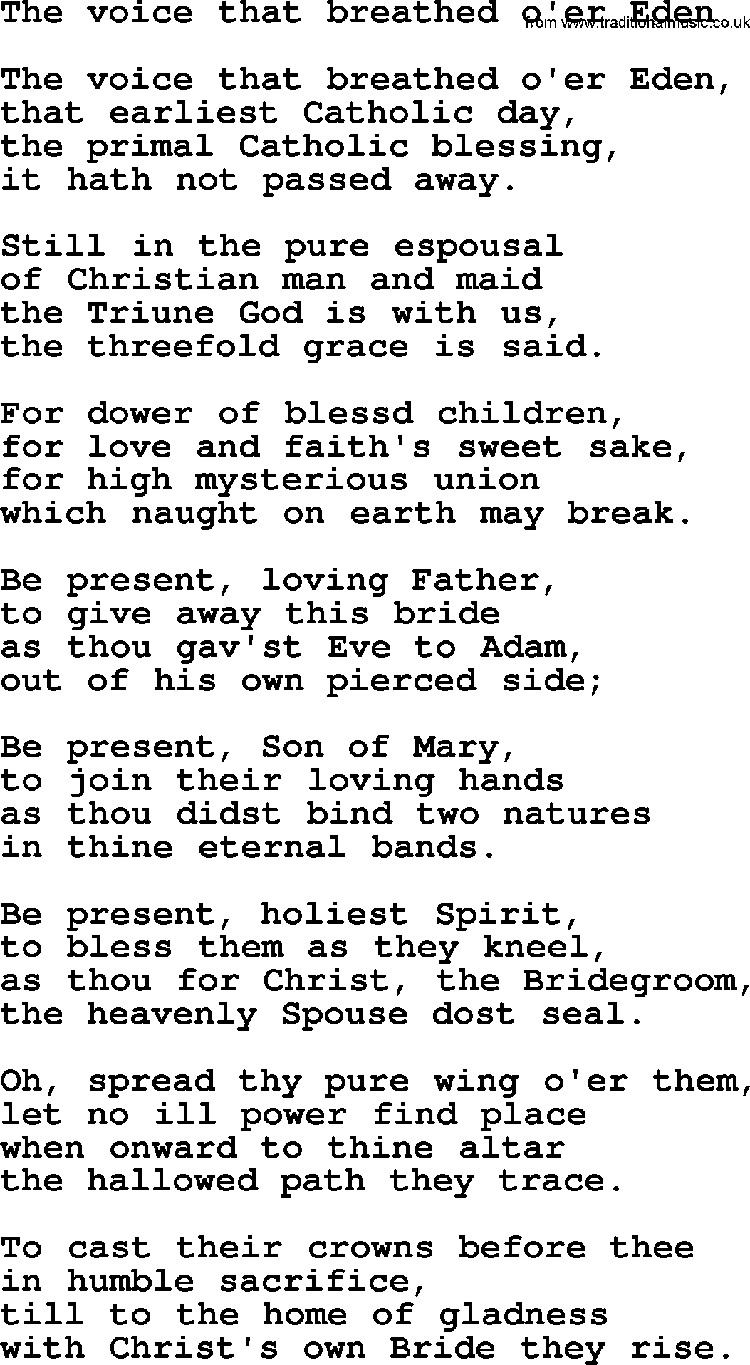 Catholic Hymn: The Voice That Breathed O'er Eden lyrics with PDF