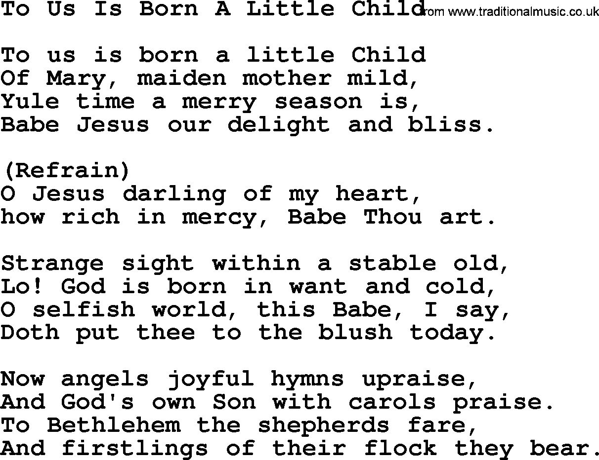Catholic Hymn: To Us Is Born A Little Child lyrics with PDF