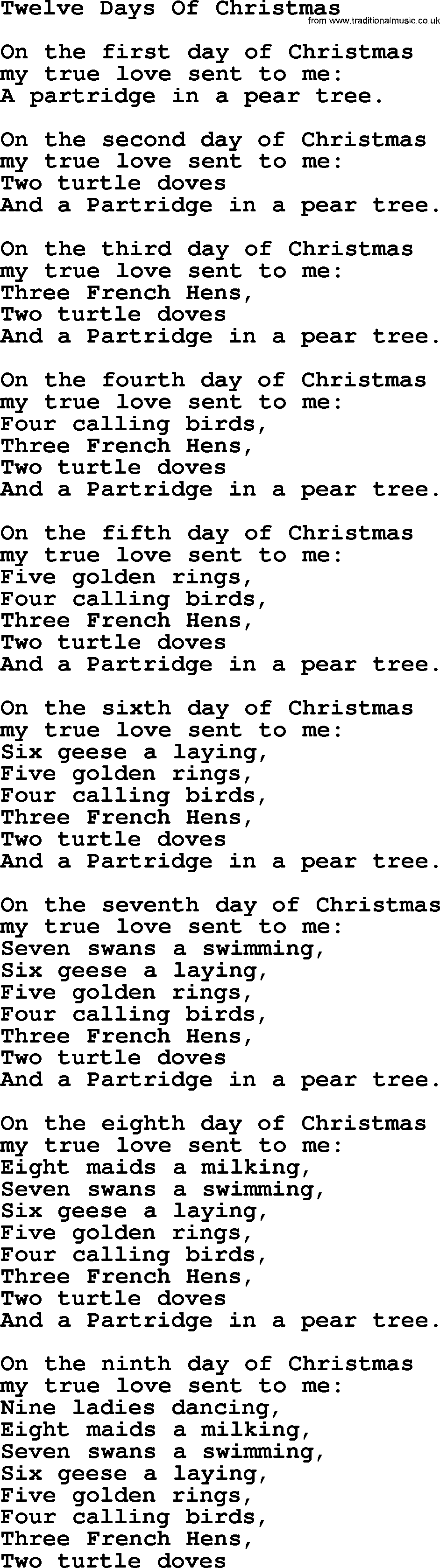 Catholic Hymns, Song Twelve Days Of Christmas lyrics and PDF