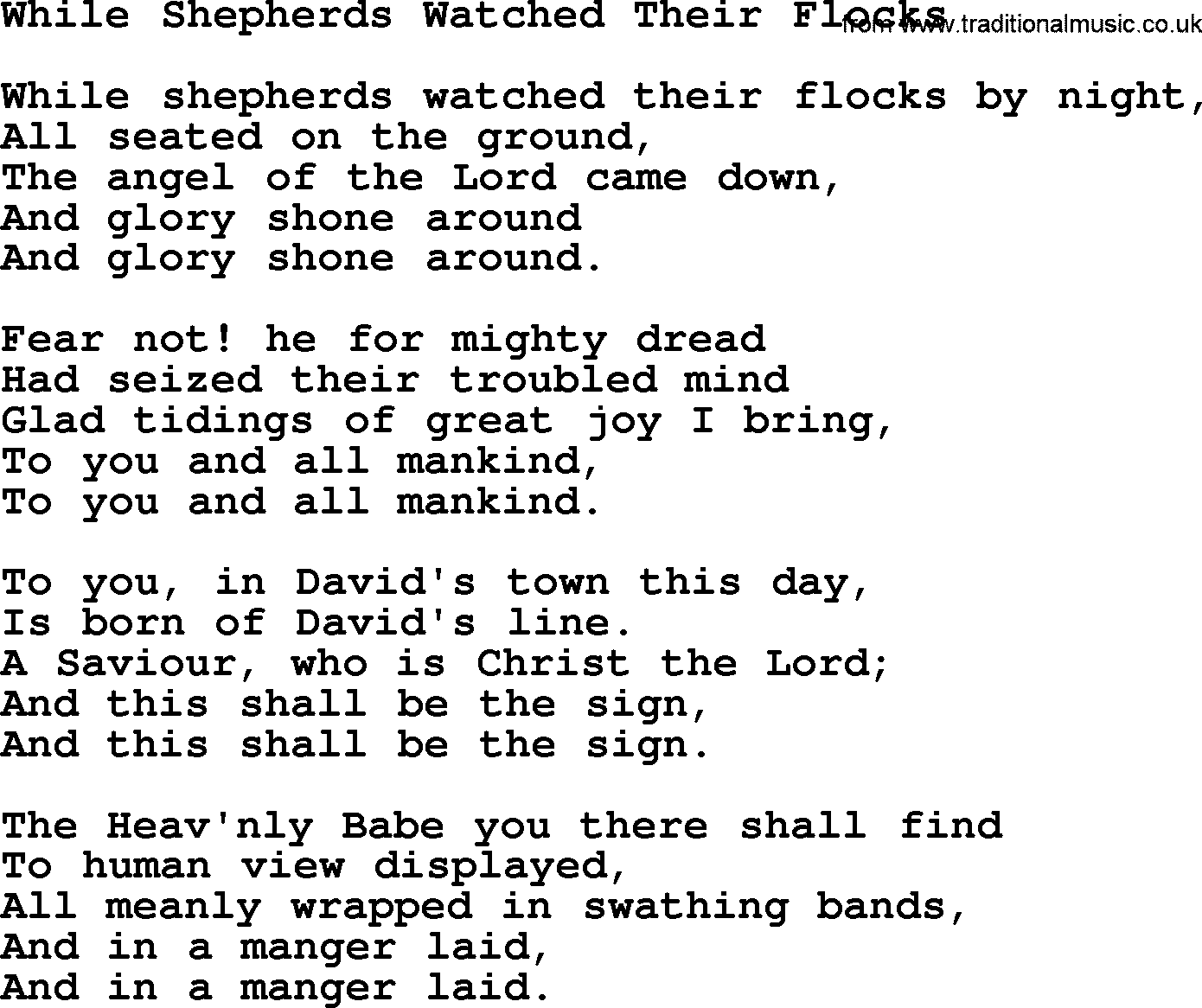 Catholic Hymn: While Shepherds Watched Their Flocks lyrics with PDF