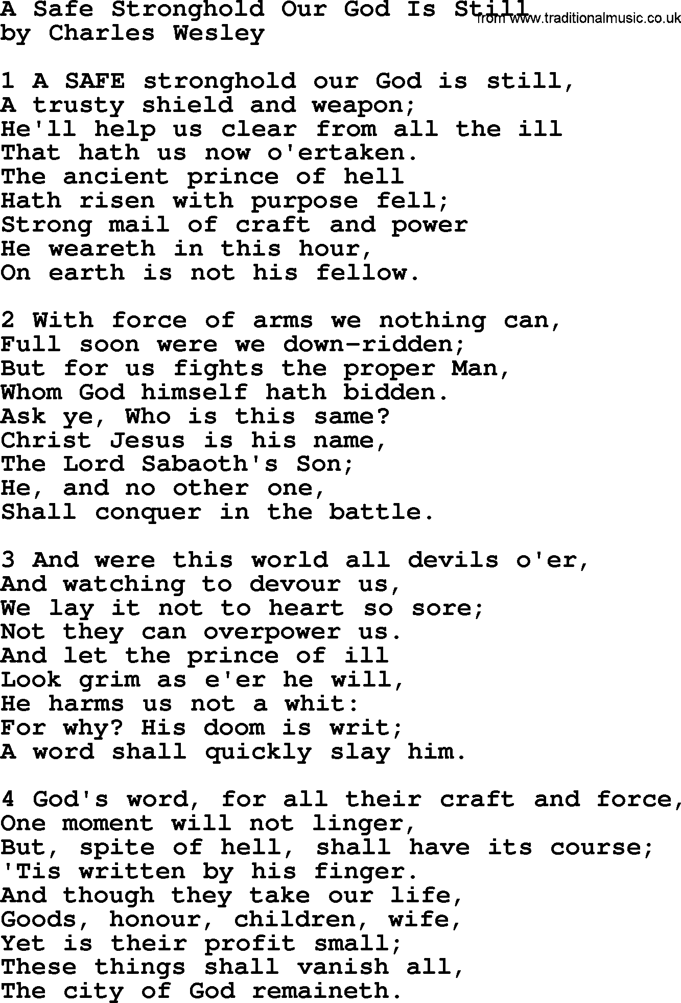 Charles Wesley hymn: A Safe Stronghold Our God Is Still, lyrics