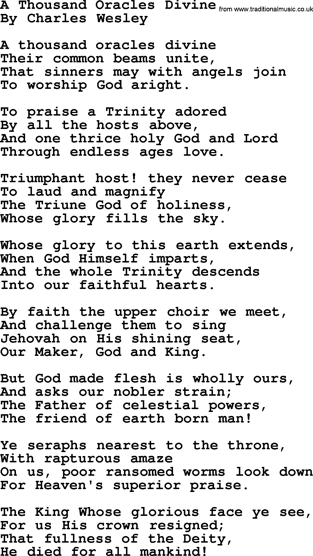 Charles Wesley hymn: A Thousand Oracles Divine, lyrics