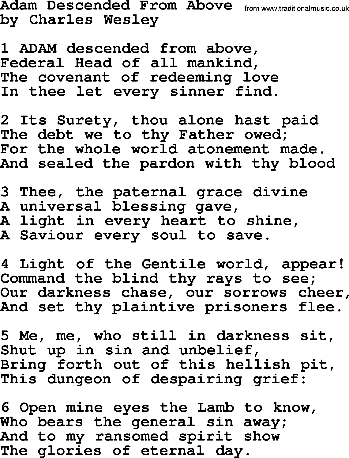 Charles Wesley hymn: Adam Descended From Above, lyrics