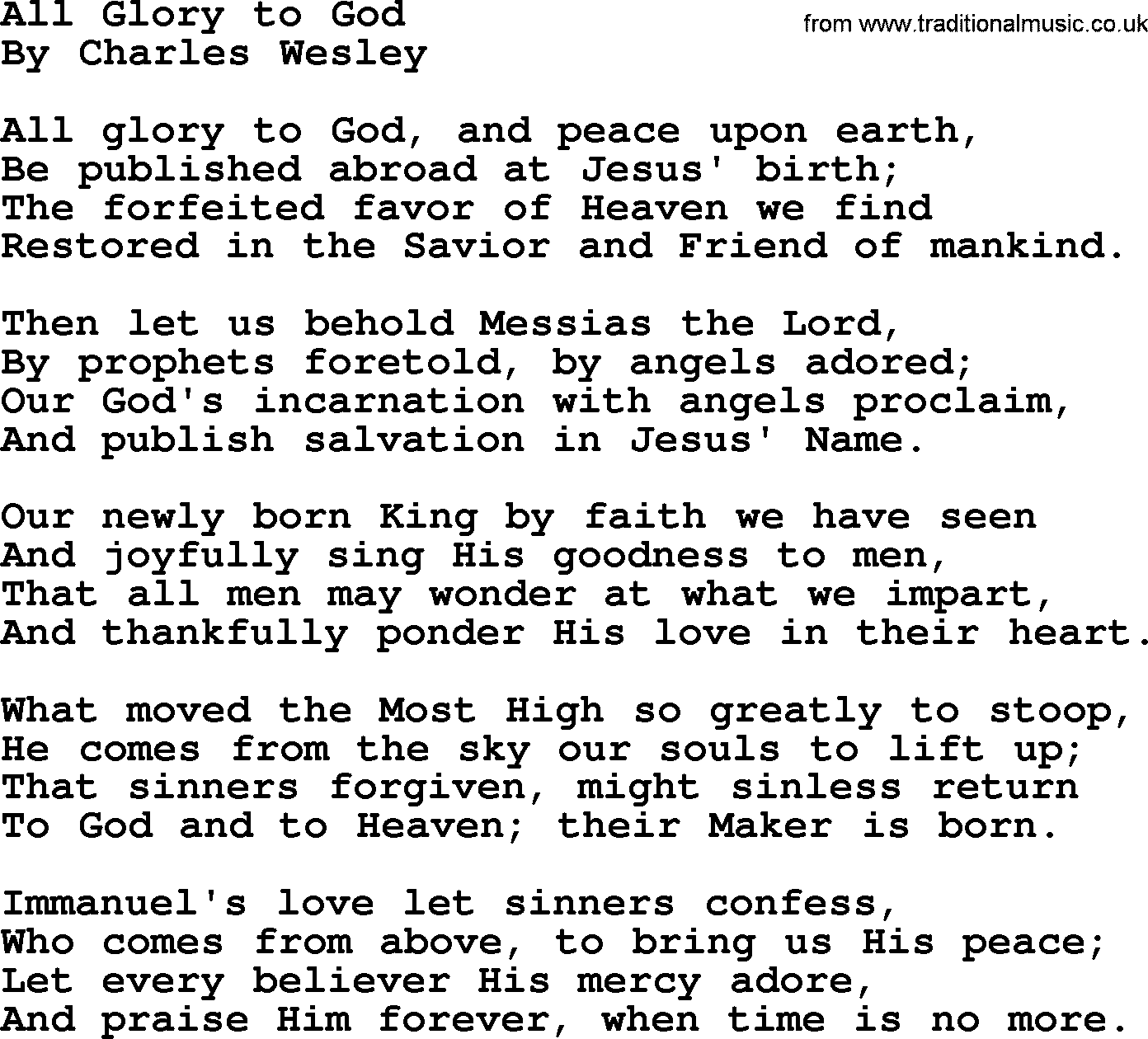 Charles Wesley hymn: All Glory to God, lyrics
