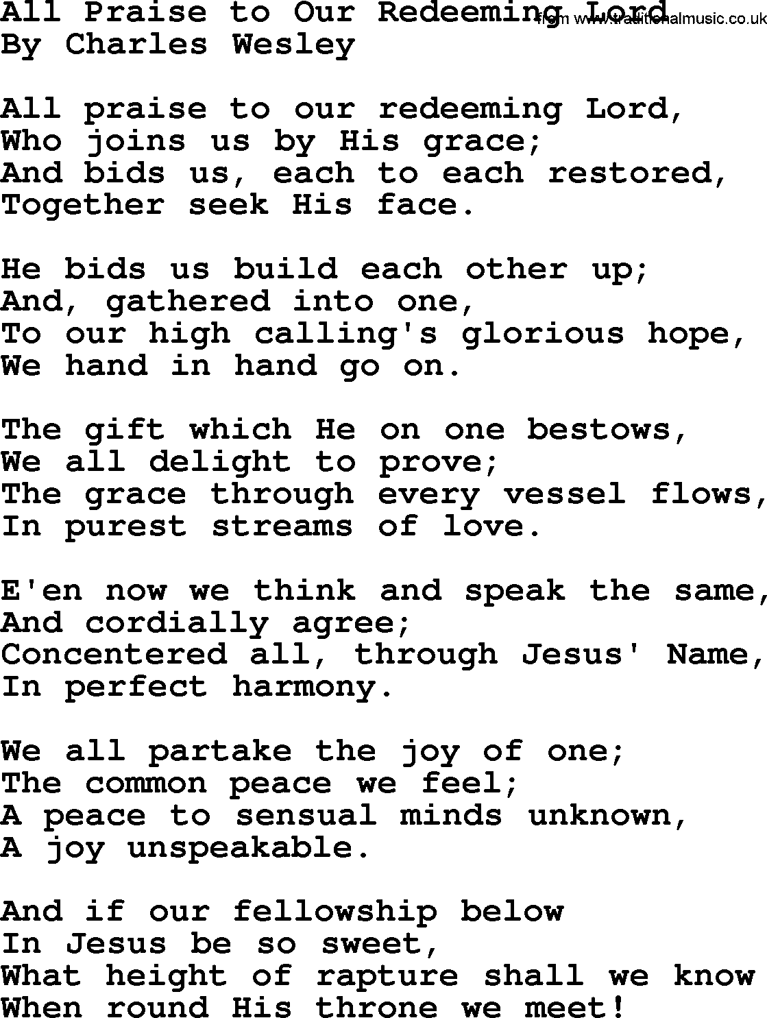 Charles Wesley hymn: All Praise To Our Redeeming Lord, lyrics