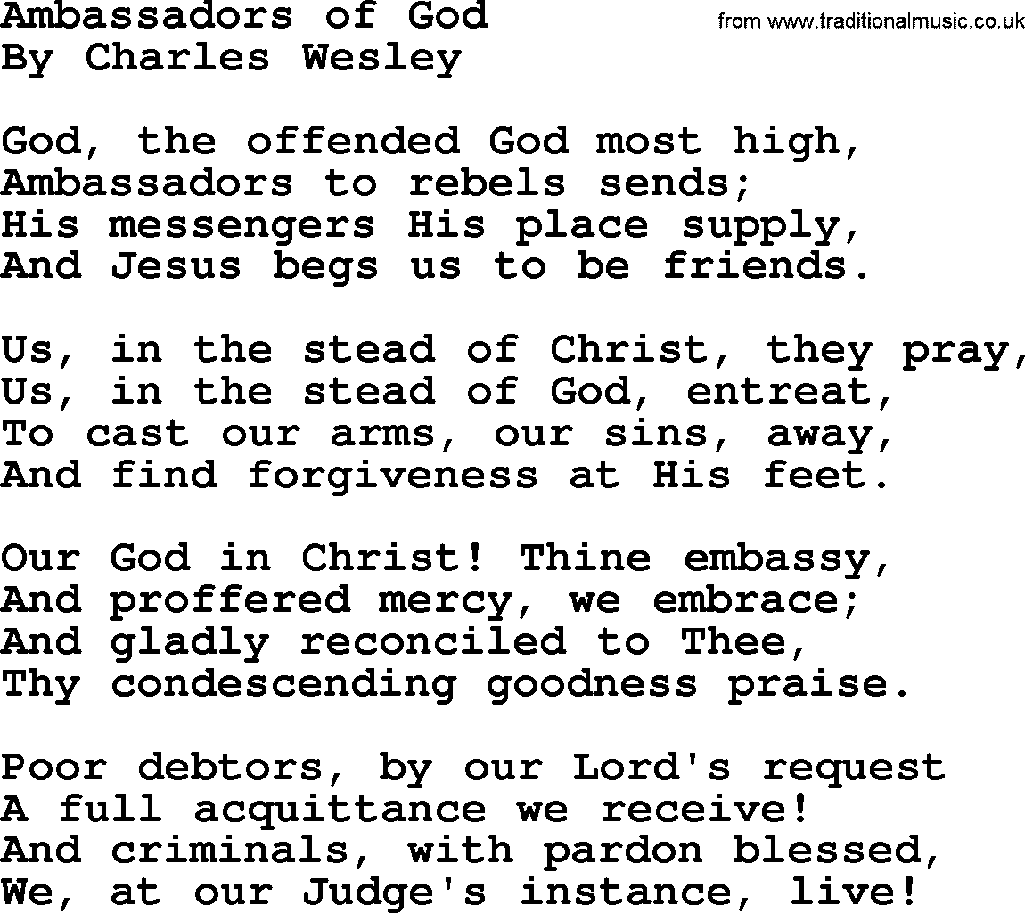 Charles Wesley hymn: Ambassadors of God, lyrics