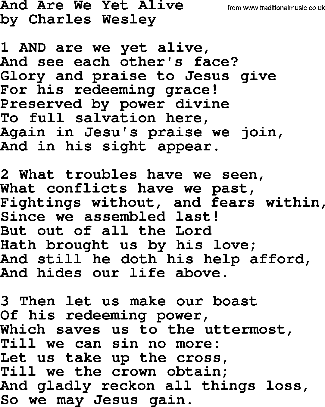 Charles Wesley hymn: And Are We Yet Alive, lyrics