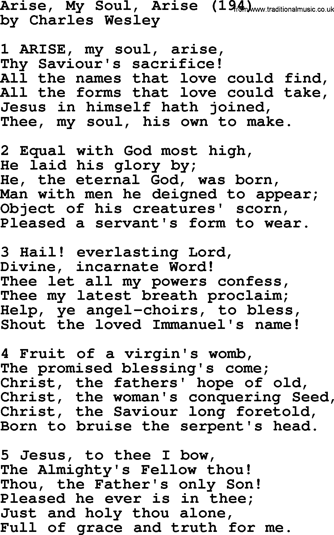 Charles Wesley hymn: Arise, My Soul, Arise (194), lyrics