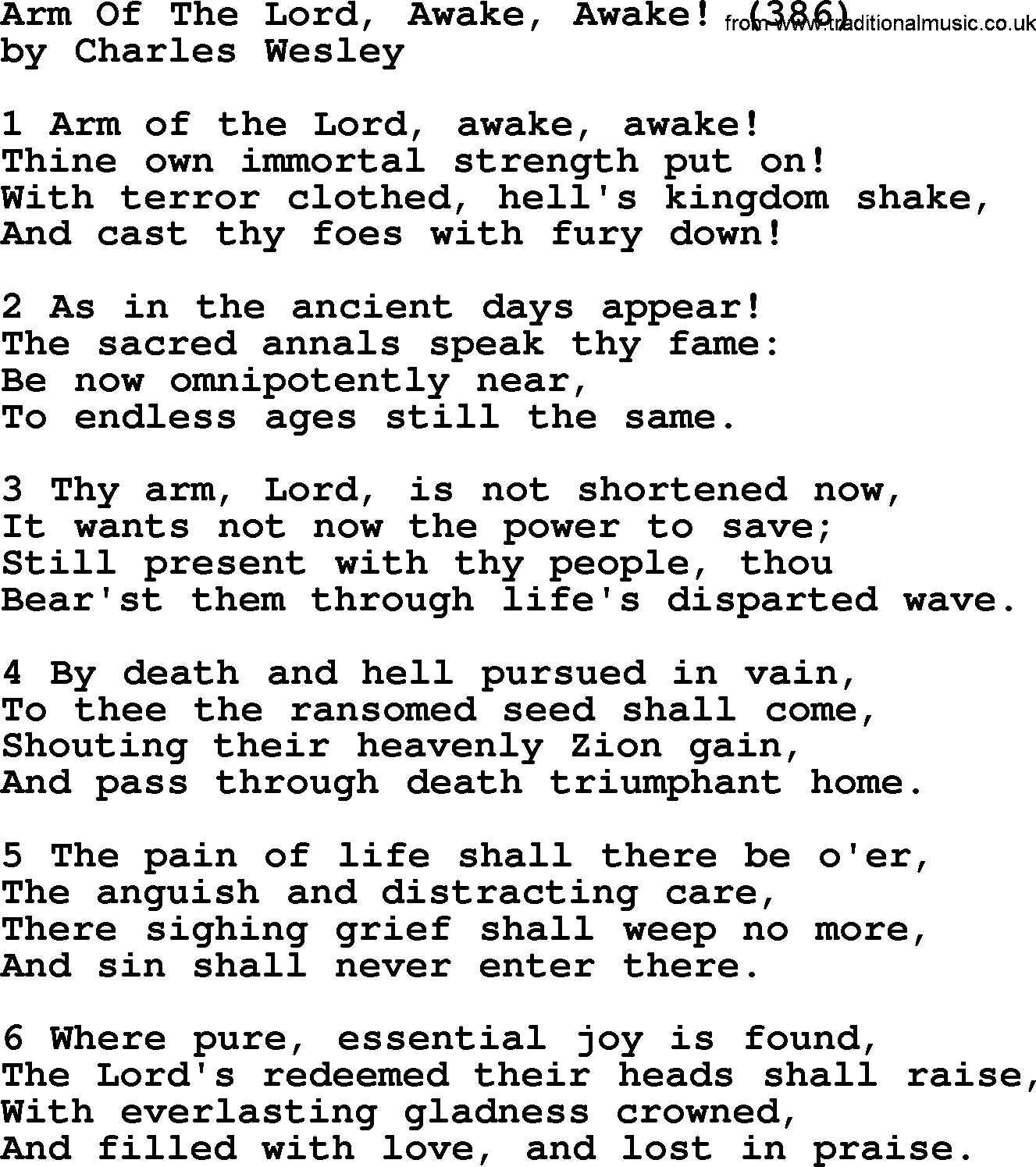 Charles Wesley hymn: Arm Of The Lord, Awake, Awake! (386), lyrics