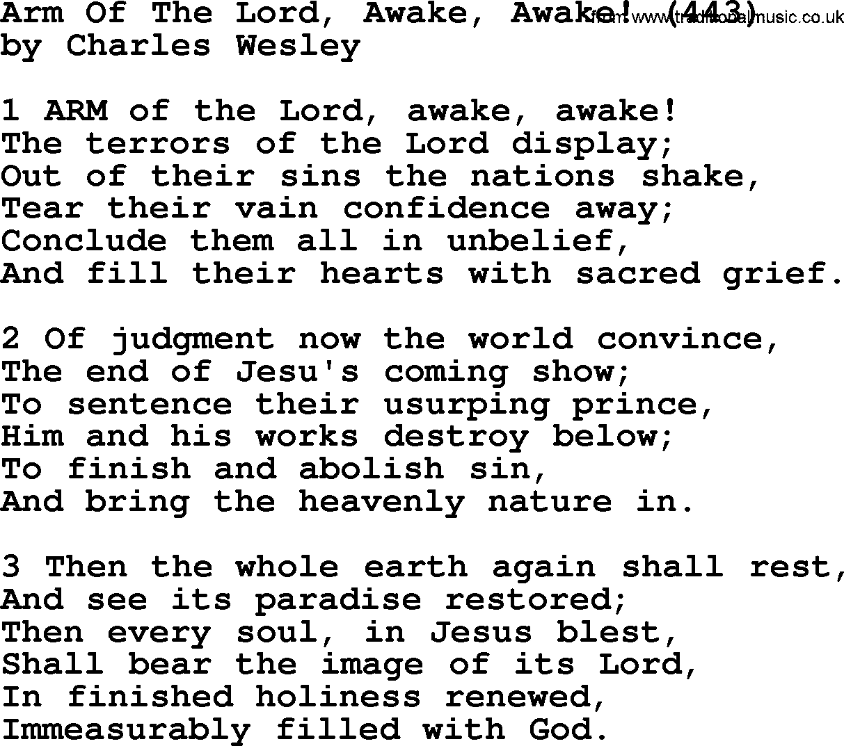 Charles Wesley hymn: Arm Of The Lord, Awake, Awake! (443), lyrics