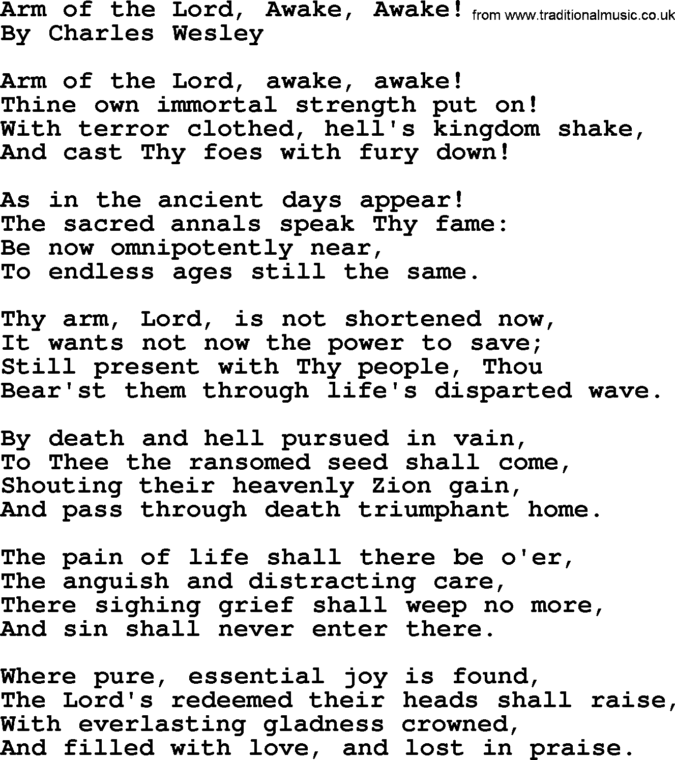 Charles Wesley hymn: Arm of the Lord, Awake, Awake!, lyrics