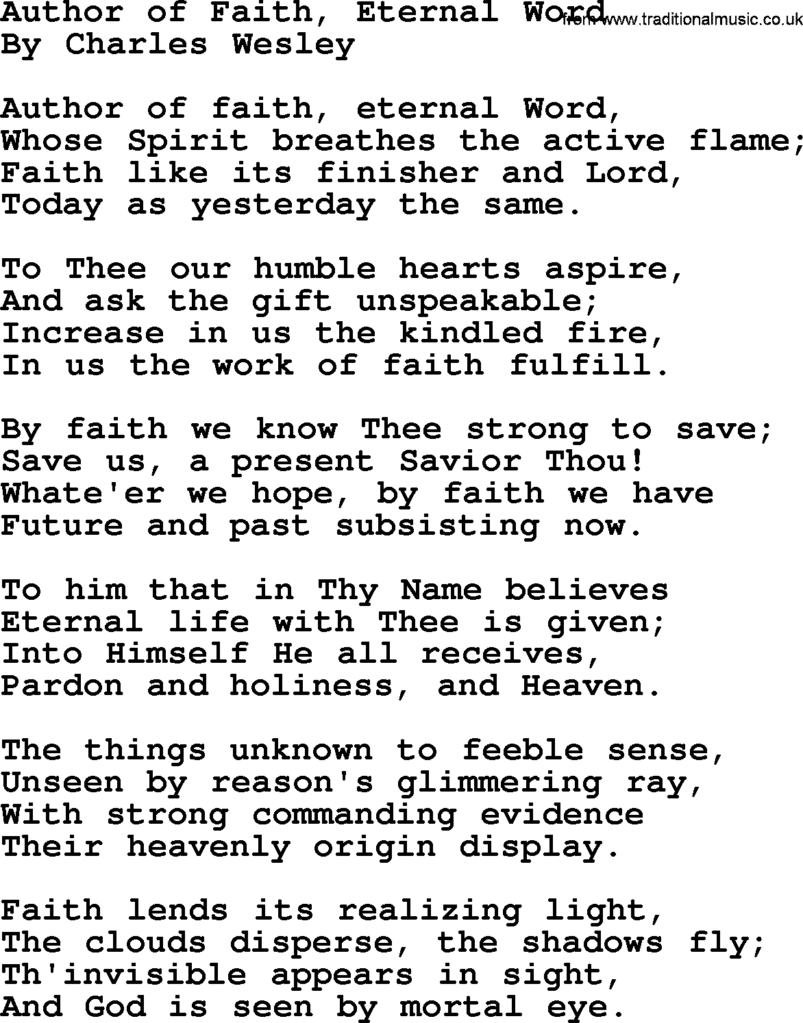 Charles Wesley hymn: Author Of Faith, Eternal Word, lyrics