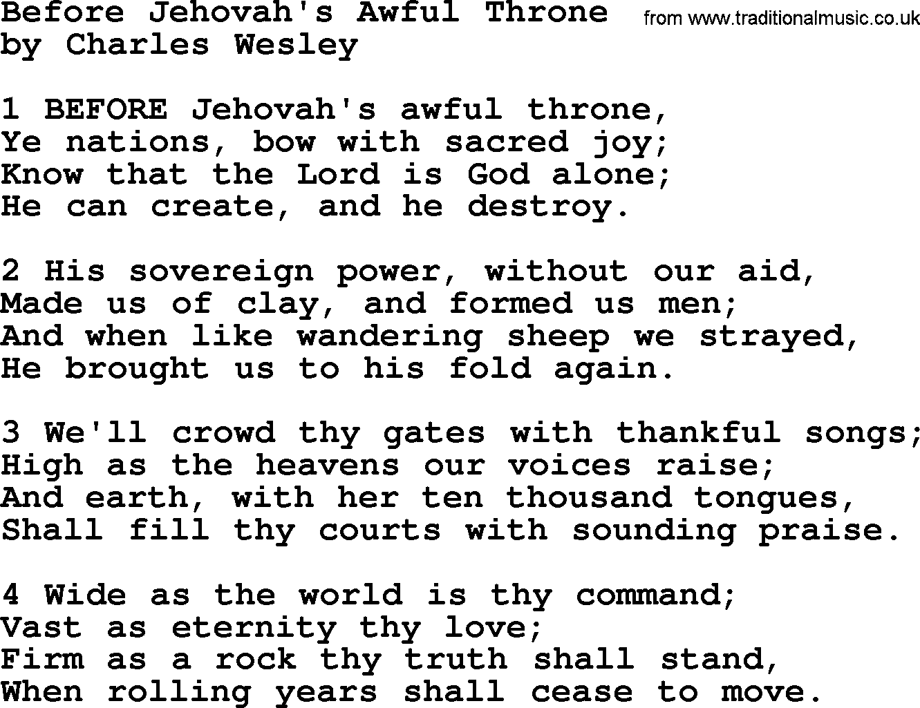 Charles Wesley hymn: Before Jehovah's Awful Throne, lyrics