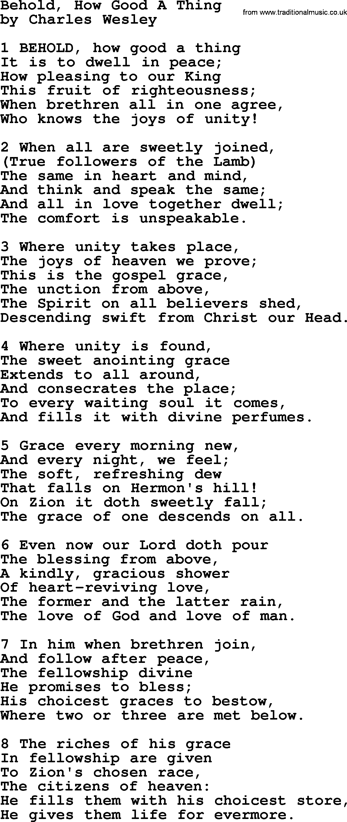 Charles Wesley hymn: Behold, How Good A Thing, lyrics