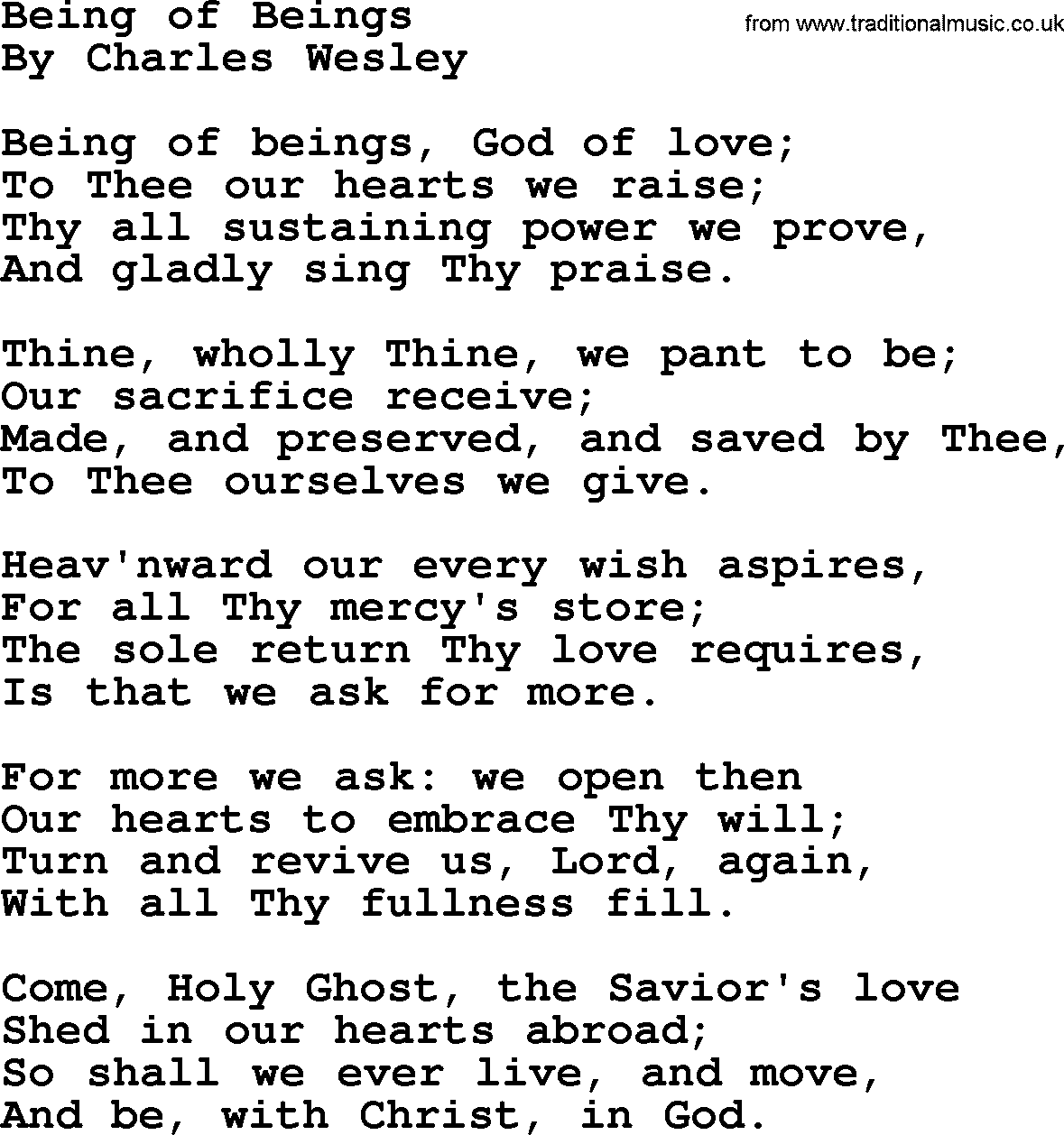 Charles Wesley hymn: Being of Beings, lyrics