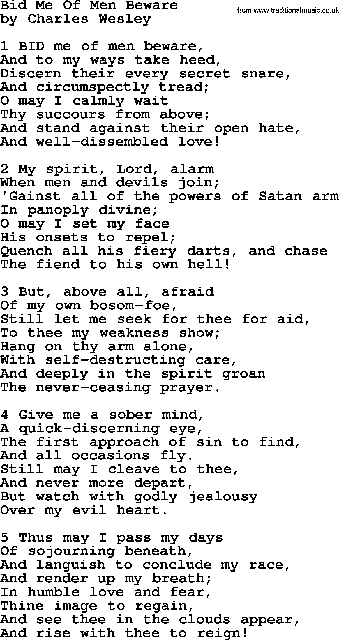 Charles Wesley hymn: Bid Me Of Men Beware, lyrics