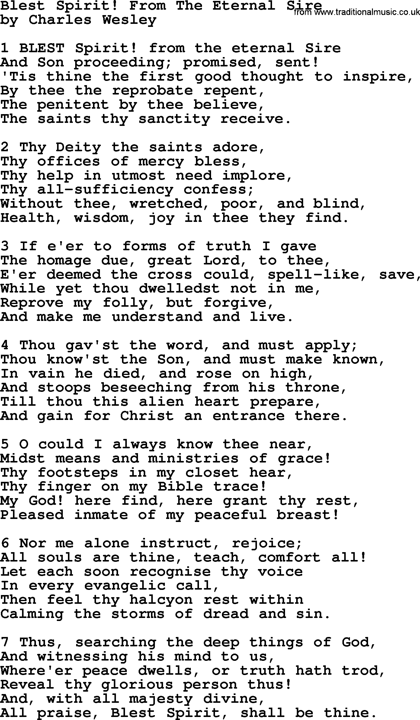 Charles Wesley hymn: Blest Spirit! From The Eternal Sire, lyrics